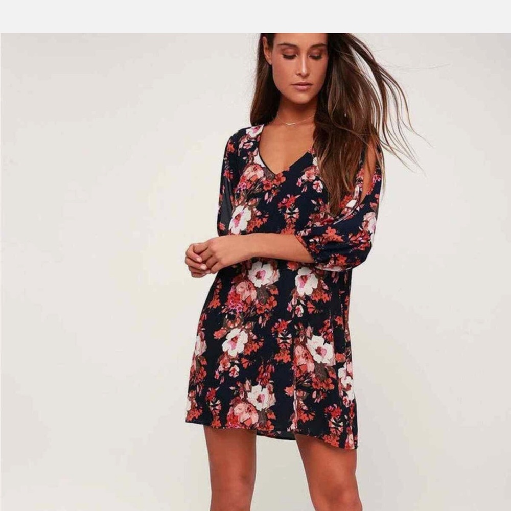 Lulus Shifting Dears Navy Blue Floral Print Cold Shoulder Dress Size Small